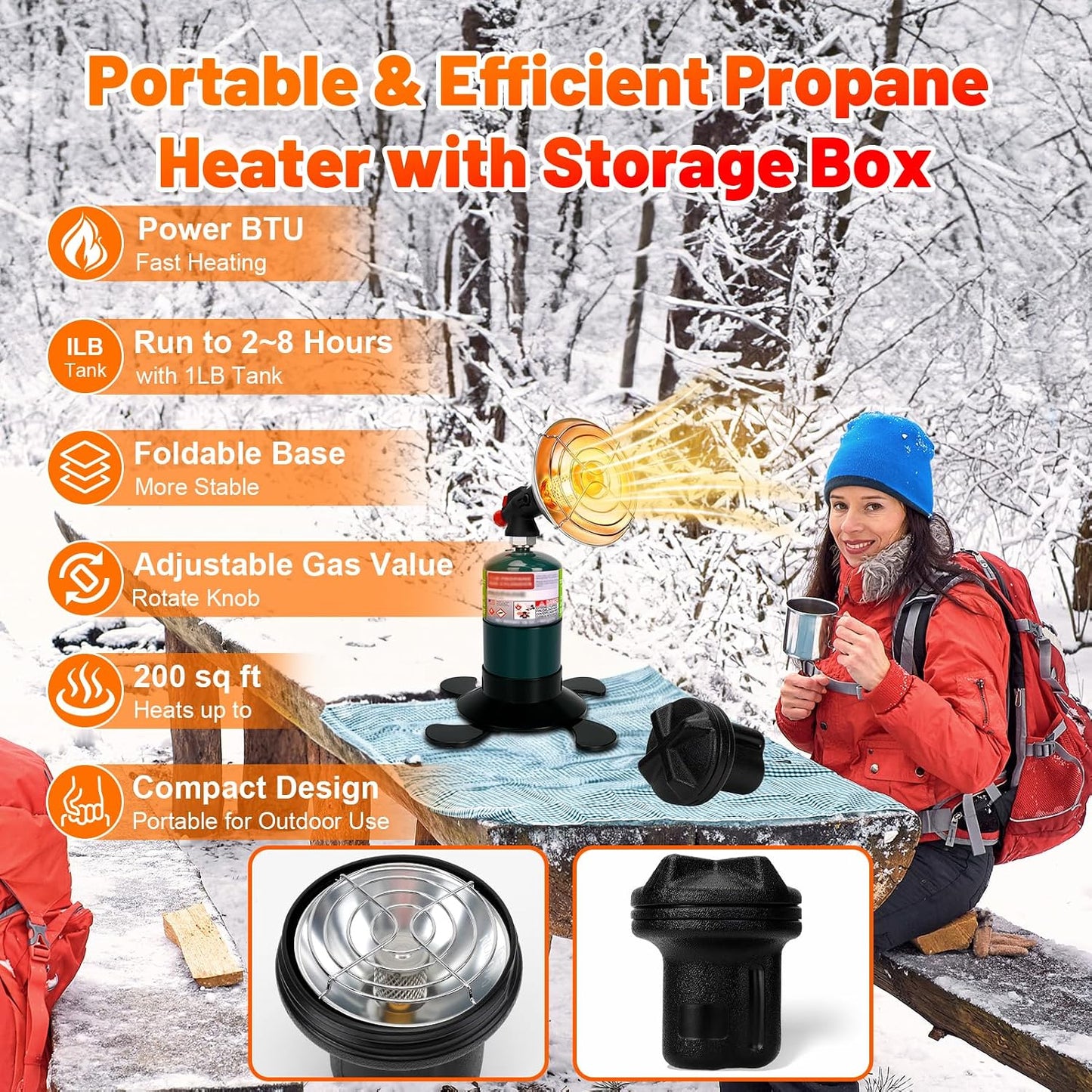 Portable Propane Heater for Camping, Outdoor Small Space Patio Heater, Cordless Gas Heaters with Foldable Tank Holder, Fast Radiant Heaters for Camping Tent, Winter Hiking, Ice Fishing & Hunting