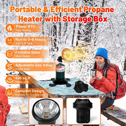 Portable Propane Heater for Camping, Outdoor Small Space Patio Heater, Cordless Gas Heaters with Foldable Tank Holder, Fast Radiant Heaters for Camping Tent, Winter Hiking, Ice Fishing & Hunting